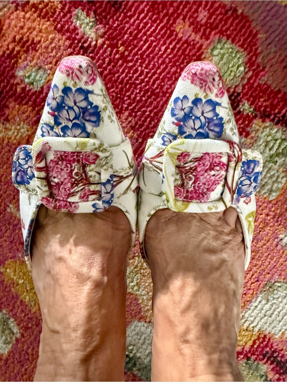 Anne Klein White Floral Pointed-Toe Mules with Pink & Blue Flowers